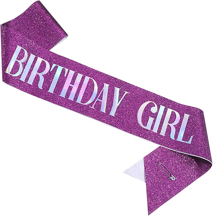 Birthday Sash for Girl, Dazzle Foil Letter Glitter Purple Birthday Sash for Women Girl Kids Teenager Bday Gifts Party Favors Photo Prop