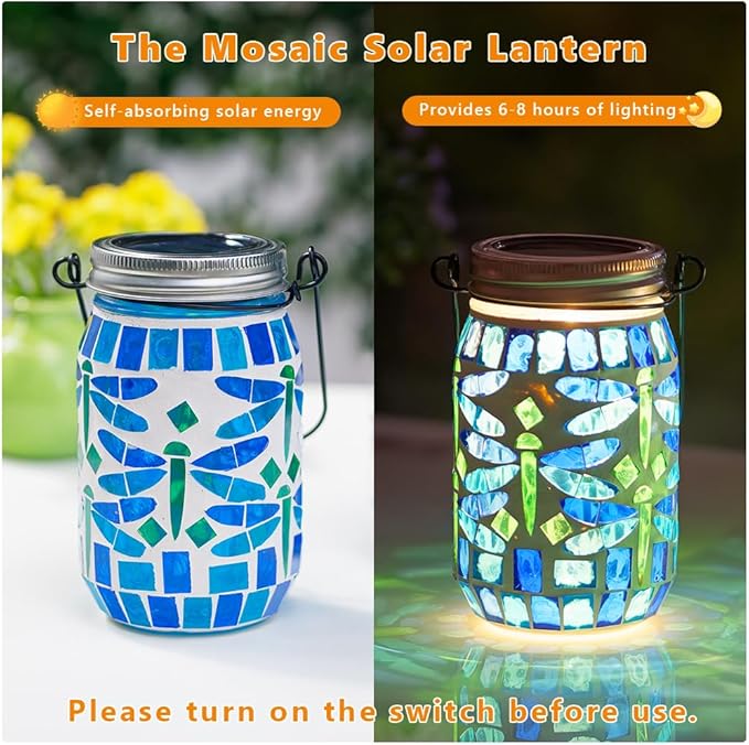 Starsoul 4 Pack Solar Hanging Lanterns Outdoor Waterproof, Mosaic Dragonfly Decor Glass Solar Outdoor Lights, Decorative Solar Lantern for Outside Pathway Patio Porch Yard Decor
