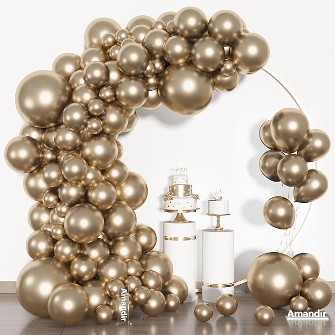 Amandir 153pcs Metallic Gold Balloons Arch Garland Kit Different Sizes 18 12 10 5 Inch Chrome Gold Champagne Balloon for Birthday Wedding Anniversary Bachelorette Graduation Party Decorations
