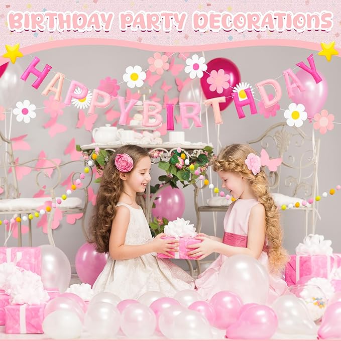 Mindsoft Pre Strung 3 Pcs Happy Birthday Banner Felt Ball Garland Pink and White Flower Banner Reusable Bulk Pink Birthday Decorations for Girls Boys Women Men