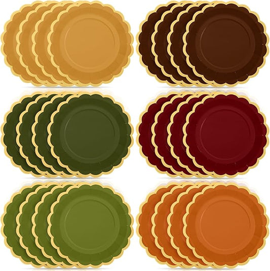 48 Pcs Green and Brown Paper Plates 9 Inch Gradient Woodland Scalloped Paper Plates Disposable Dinner Dessert for Birthday Wedding Bridal Party Supplies, 6 Colors
