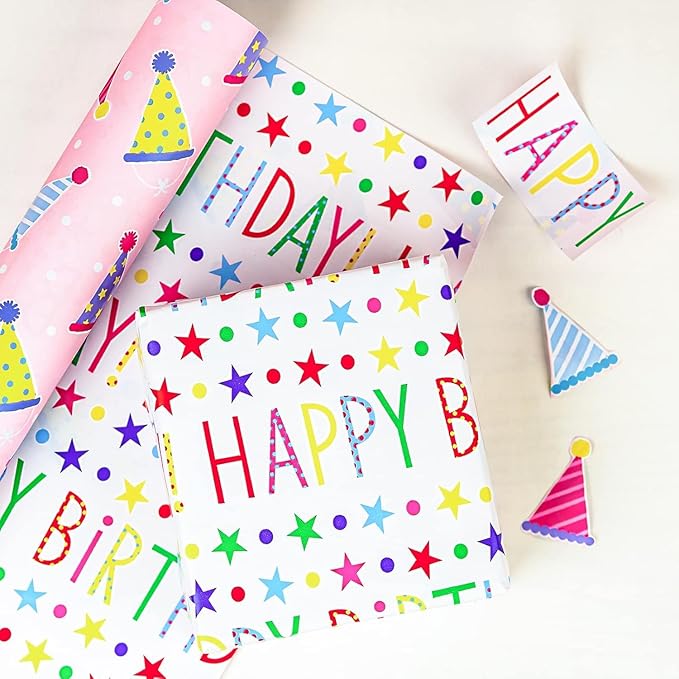 MAYPLUSS Birthday Gift Wrapping Paper Roll - 17Inch X 16.5Feet - Reversible Luxury Pink Girly Birthday Party Hat, Happy Lettering Gift Wrap for Kid Girl, Baby Shower, Party, Holiday