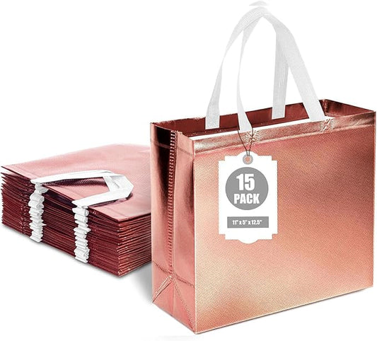 VGOODALL 15 Pack Gift Bags with Handles, 12.6" x 5" x 11" Rose Gold Reusable Gift Bags Bulk for Birthday Wedding Party Favor Goodie
