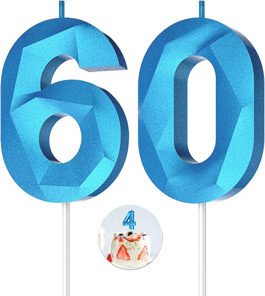 Number Birthday Candles(60 Candle Blue) 3D Diamond Shape Number Happy Birthday Cake Candles for Birthday Party Wedding Decoration Reunions Theme Party