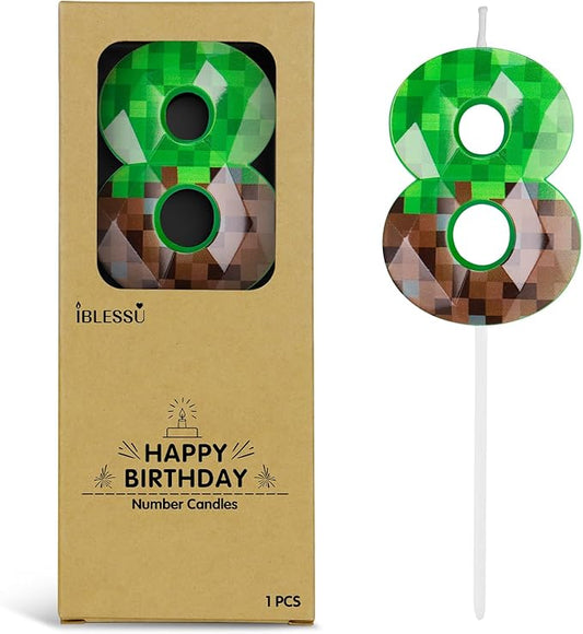 Pixel Birthday Candle, 2.68 Inch Miner Number Candles, Game Themed Candle Birthday Decoration for Pixel Theme Birthday Anniversary Dynamite Video Game Party (Green, 8)