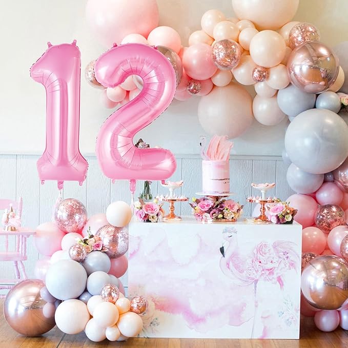 Pink Number 12 Balloons, Big Large Foil Number Balloons, Jumbo Giant Mylar Balloons for Birthday Party Decorations Supplies Anniversary (Number 12)
