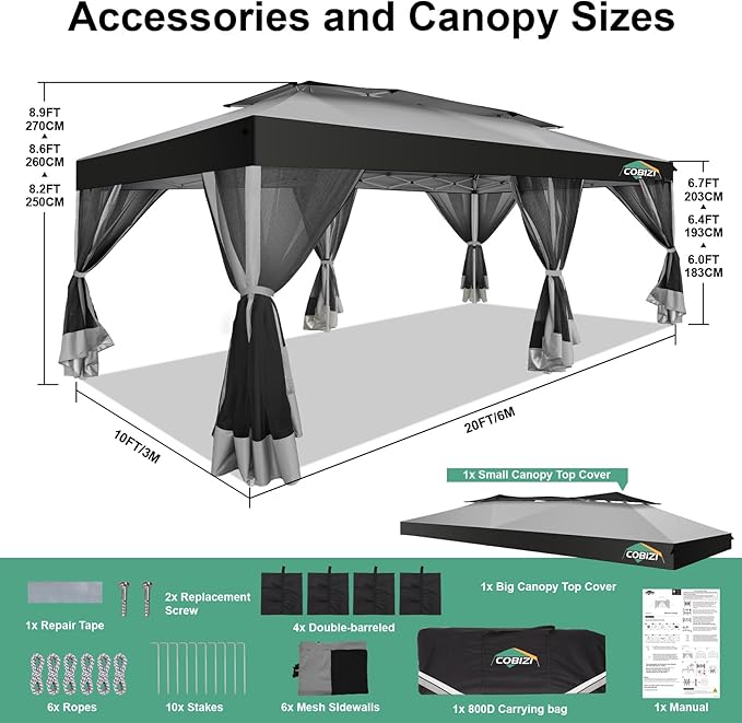 COBIZI 10x20 Pop up Gazebo, One-Push Setup Canopy Tent with Mosquito Netting & Vented Roof Design, Upgrade Metal Easy up Canopy Carpa Outdoor Gazebos for Backyard Camping Deck Party(Light Gray & Gray)