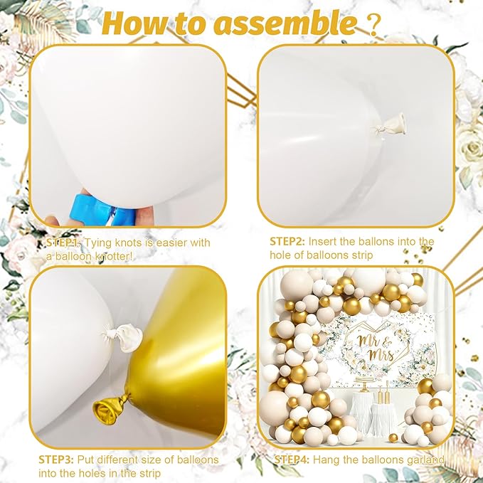 MEHOFOND 113pcs White Floral Wedding Balloons Arch Kit, Mr and Mrs Banner Backdrop, Flowers Hearts Geometric Bride to Be Party Decorations, Engagement White and Gold Balloons Garland Party Decor