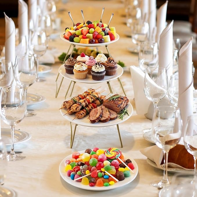 4 Tiered Dessert Serving Stand with White Porcelain Plates, Cookie Table Display Set, 10"x10" Large Dessert Table Display Set for Veggie, Fruit, Cookies for Party Buffet Entertaining