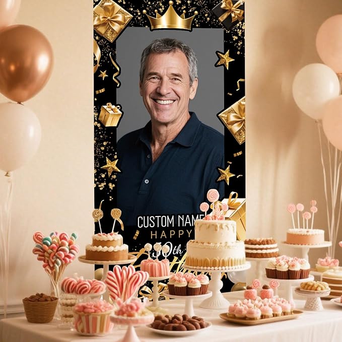 Dicodes Personalized Happy Birthday Door Banner Custom Photo Birthday Photography Background Decorations Party Supplies for Women Men (Black and Gold)