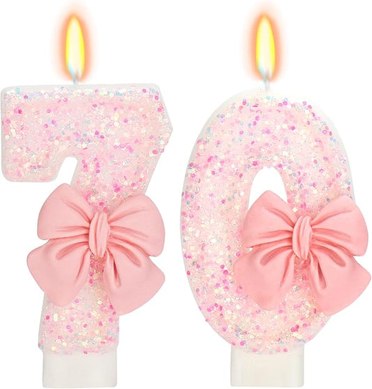 70th Birthday Candles for Cake, Pink Bow Number Cake Candles, 2.76 inch Number Happy Birthday Candle, Cake Topper Decoration for Birthday Party (Number 70)