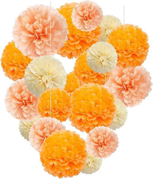 Capesaro Orange Paper Pom Poms - Peach Tissue Pom Poms Decorations for Party Hanging Decor - 15 Piece Set