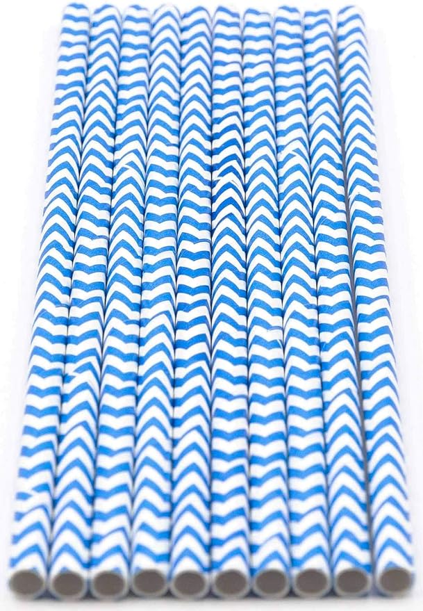 Pack of 300 Sky Blue Chevron Biodegradable 4-Ply Paper Drinking Straws (Compostable, Non-toxic, BPA-free)