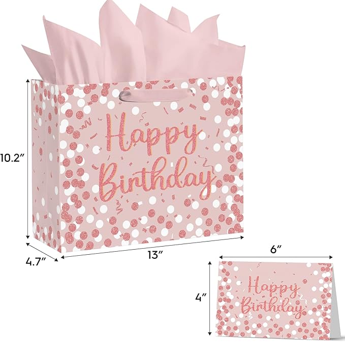 Horaldaily Large Birthday Gift Paper Bags with Tissue Paper and Card (1Pcs，Pink)