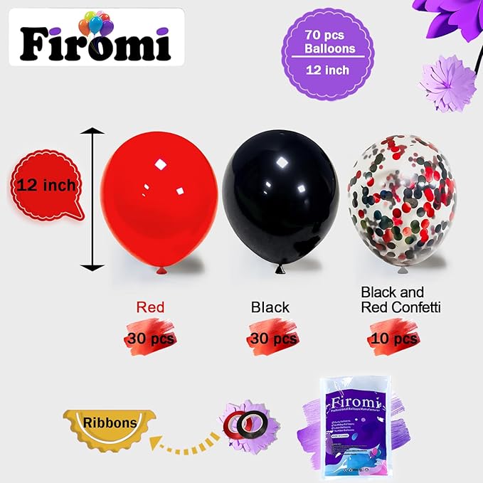 Firomi Red Black Latex Balloons 12 Inch 70 pack Set Black and Red Confetti Balloons for Birthday Wedding Party (with 2 Ribbons)