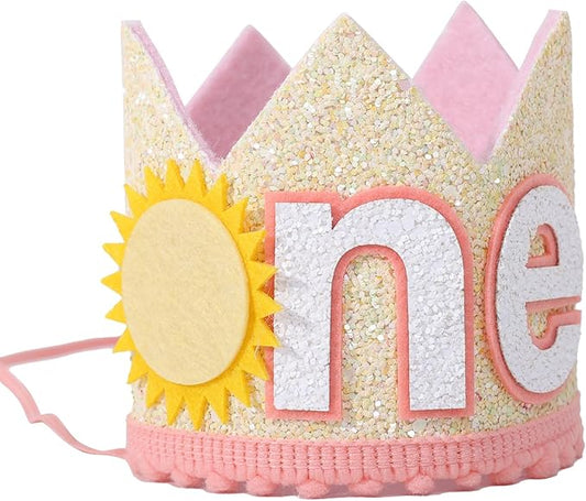 YOUAME Sunshine One Birthday Crown - Pink and Yellow Headwear for Toddlers' First Birthday, Sun Themed Party Decor, You Are My Sunshine Crown