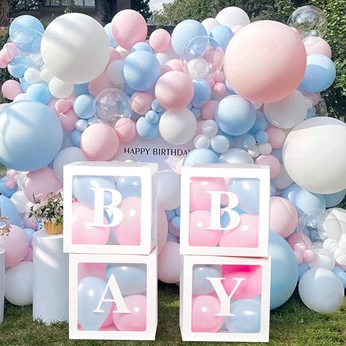 Voircoloria Baby Boxes with Letters for Baby Shower, Gender Reveal Decorations with 4 Transparent Balloon Boxes for Gender Reveal Party (Blue and Pink Balloons)