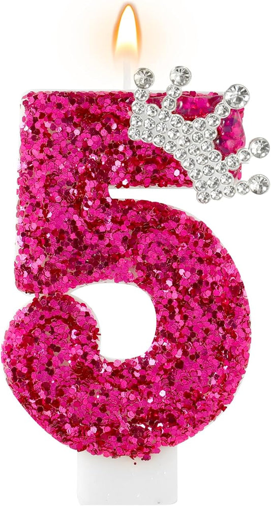 AKURIEEY Hot Pink Birthday Candles Crown Number 5 Candle Birthday Party Decorations Cake Topper Cupcake Decor for Anniversary Celebrations Supplies