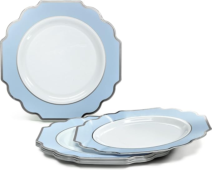 " OCCASIONS " 80 Plates Pack,(40 Guests) Heavyweight Premium Wedding Party Disposable Plastic Plates Set -40 x 10.5'' Dinner + 40 x 8'' Salad/Dessert (Imperial in White/Blue & Silver)