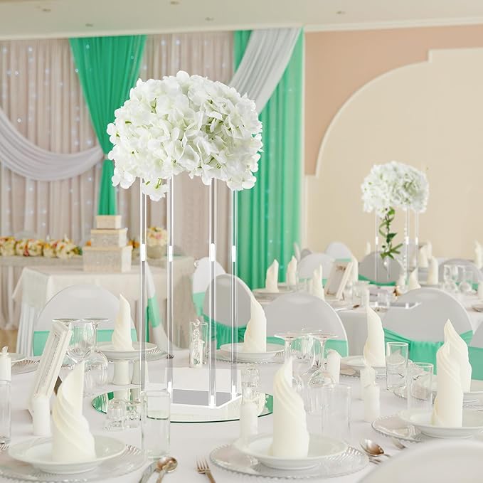 Geetery Tall Acrylic Wedding Flower Stand Centerpieces Clear Elegant Vase Column Stand with Artificial Hydrangea Flowers for Wedding Party Table Home Decorations(6 Pcs,20 Inch)