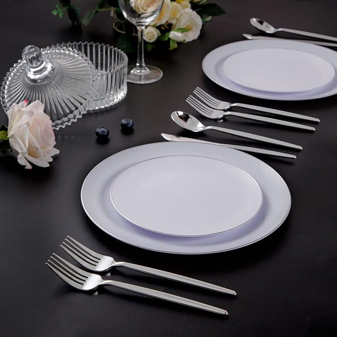 SUT 150Pcs Silver Plastic Silverware, Silver Disposable Cutlery, Heavy Duty Disposable Silverware, Plastic Utensils Include 50 Plastic Forks, 50 Plastic Spoons, 50 Plastic Knives