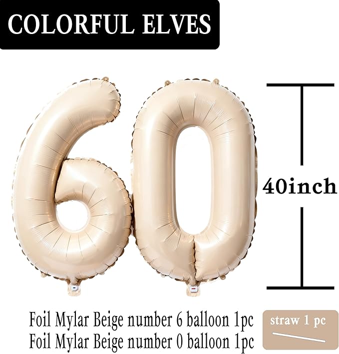 Beige Number 60 Balloons 40 Inch Giant Brown 60 Foil Mylar Balloons for 60th Birthday Anniversary Events Party Decorations