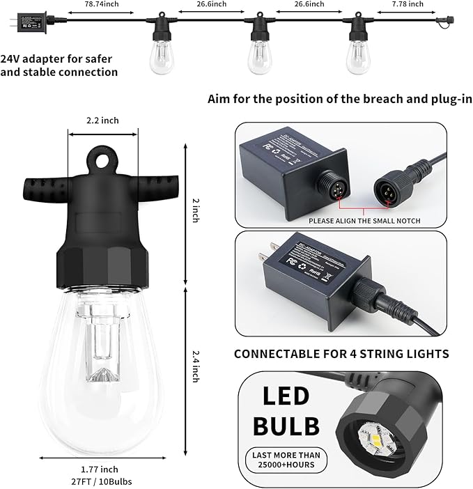 CAWWS Outdoor String Lights 27FT, Outdoor Lights for Patio with 10 Dimmable RGBW LED Bulbs, IP66 Waterproof Shatterproof, with APP Control & Remote, 24V Adapter Color Change,for Backyard Décor