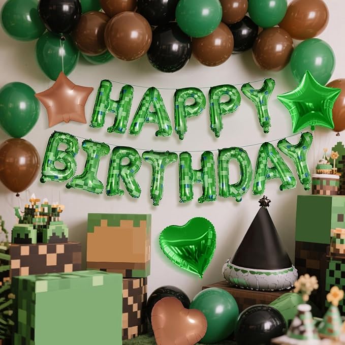CANREVEL Happy Birthday Banner 30 Pcs 16 Inch Mylar Foil Letters with Star & Heart Balloons Green Pixel Miner Theme Birthday Party Decorations for Kids and Adults