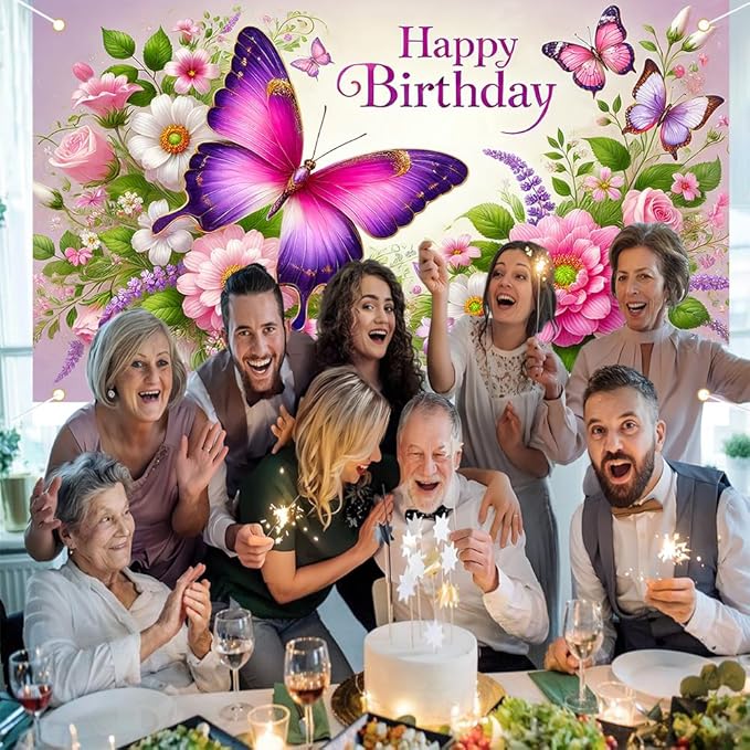 Happy Birthday Banner Elegant Butterfly and Floral Garden Design Soft Pastel Color Wall Hanging for Birthday Party Celebration Home Decoration 70.87 x 43.31 Inch