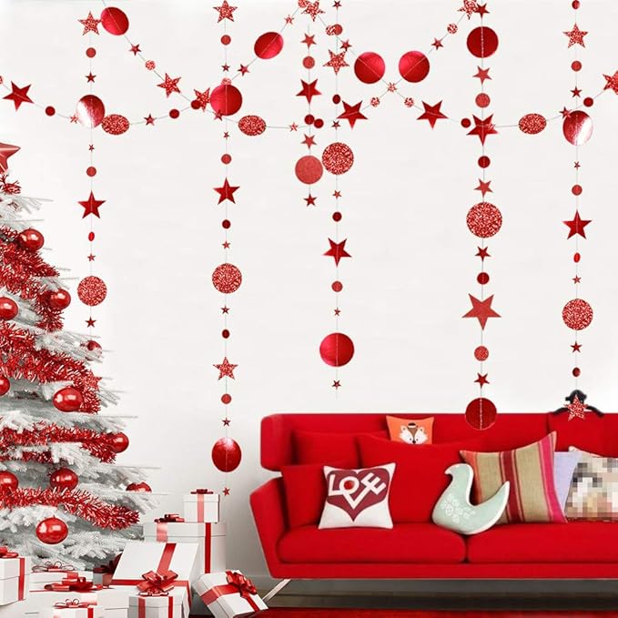 Decor365 Twinkle Star Garland Glitter Red Party Decorations Star Banner Ceiling Hanging Streamer Backdrop for Birthday Valentine’s Day Christmas Lunar New Year Weddings Romantic Theme Party Supplies
