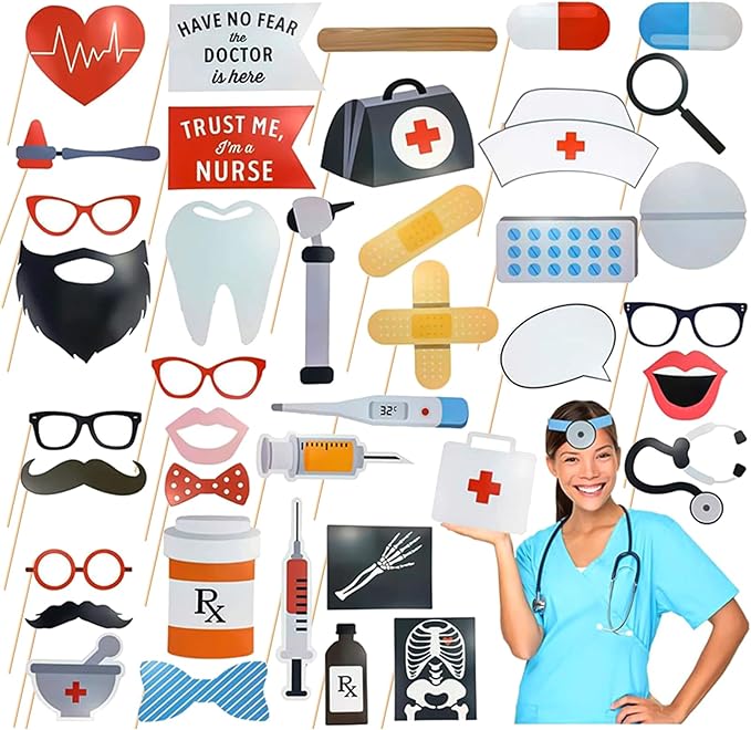 40 Pcs Professional Medical Photo Booth Props Kit for Adult Events, Dental Office Celebrations, Doctor & Nurse Graduation, Hospital-Themed Photoshoot Accessories with Wooden Sticks