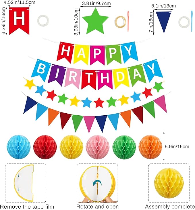 Colorful Happy Birthday Decorations Kit, Happy Birthday Banner Honeycomb Balls Centerpiece Metallic Hanging Swirls Circle Garland for Birthday Party Decorations