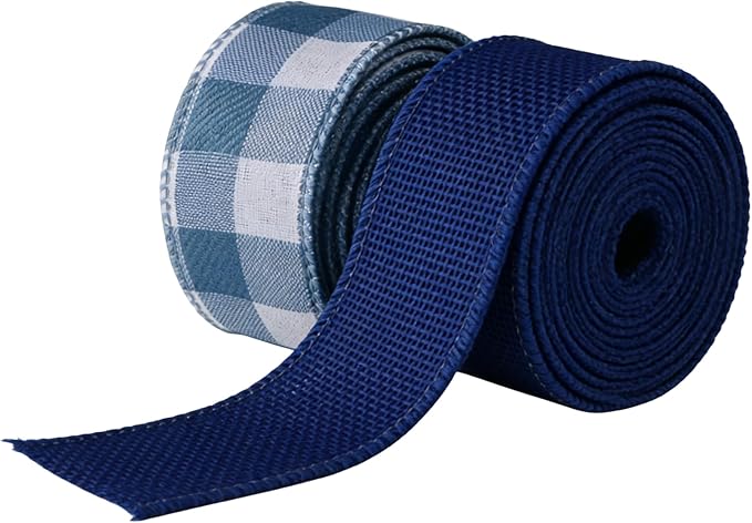 Meseey 1.5 Inch Burlap Wired Ribbon Set, 2 Rolls Total 10 Yards Solid Navy Blue & Blue White Buffalo Check Wired Edge Ribbon for Wreaths, Bows, Gift Wrapping, Farmhouse & Patriotic Decor