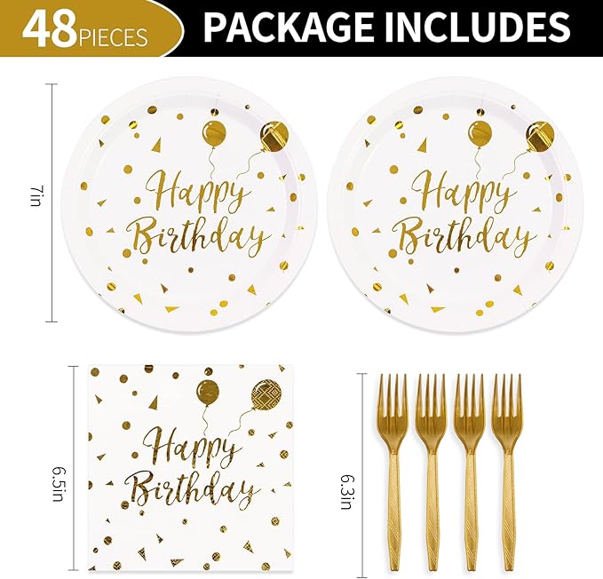 48PCS Happy Birthday Plates and Napkins Party Supplies, White and Gold Disposable Paper Plates and Napkins with Forks Tableware Set for Birthday Party Decorations 16 Guests