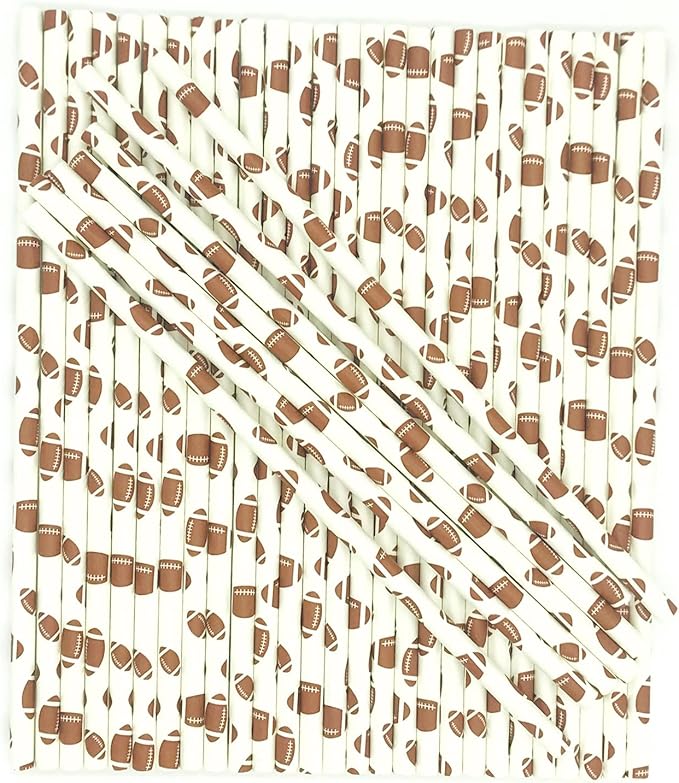 100 pcs Sports Party Paper Straws, White Brown Rugby Football Bar Soda Juice Drinking Straws, Craft Disposable Beverage Game Day Decor Biodegradable Cake Pop Sticks (White With Football)
