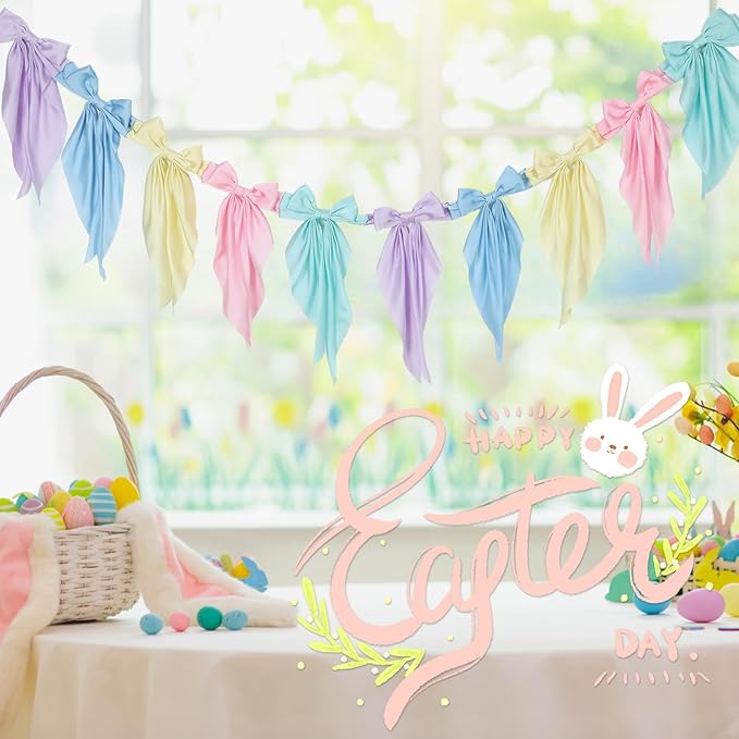 VitalCozy 1 Pcs Pastel Bow Garland Banner - Silk Satin Ribbon Hanging Party Bow Garland Decoration for Summer Birthday Baby Shower Wedding Party Supplies