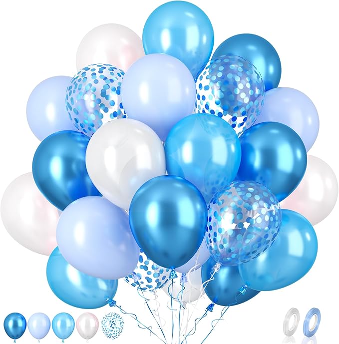 Paready Blue Balloons Set, 60 Pcs 12 Inch Pearl Blue Balloons Metallic Blue Macaron Balloon, Baby Blue Confetti Party Balloon for Baby Shower Birthday Wedding Bridal Shower Decorations