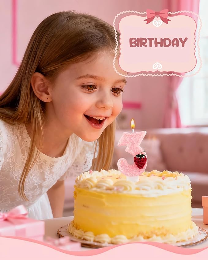 Birthday Candles for Cake, Pink Number Candles, Cake Candles with Greeting Card for Birthday Party Wedding Anniversary Celebrations (Strawberry 3 Candle)