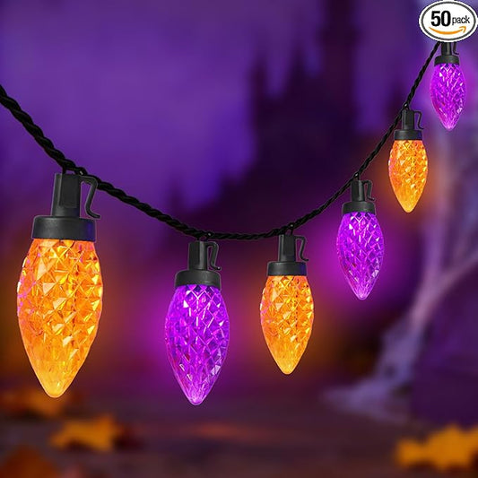 Halloween C9 String Lights Outdoor, 26.4Ft C9 Halloween Decorations Lights with 50 LED Orange and Purple Lights Waterproof, Hanging Plug in Lights String for Outside Holiday Party Patio Yard Decor