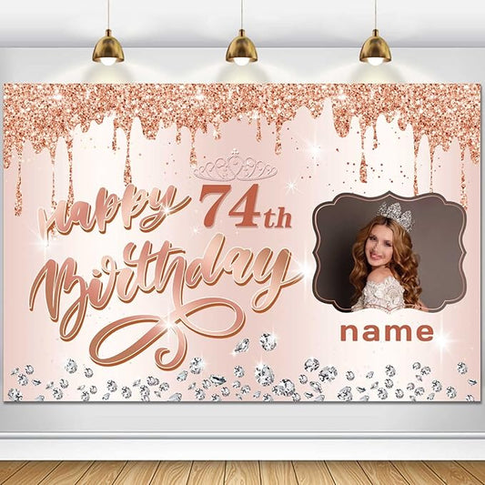 Customizable Rose Gold Happy 74th Birthday Decoration Banner - Personalized with Name and Photo