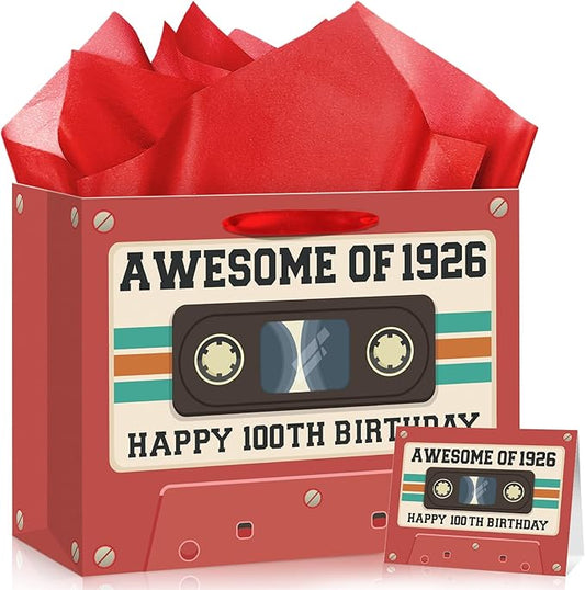 100th Birthday Gift Bag for Men Women Retro Tape 1926 Birthday Party Favor Bags with Tissue Paper and Card Vintage Cassette 100 Years Old Gift Wrapping Paper Bag Decorations for Mom Dad Friends Gifts