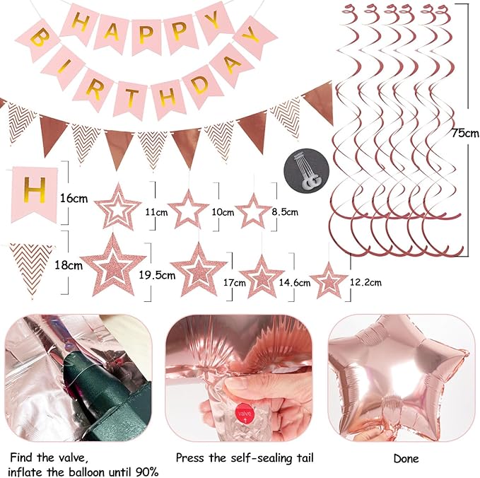 Rose Gold Birthday Decorations, Happy Birthday Banner and Rose Gold Star Balloons, Glitter Hanging Stars with Hanging Swirls, Bunting Banner, for Women Girls Party Decoration