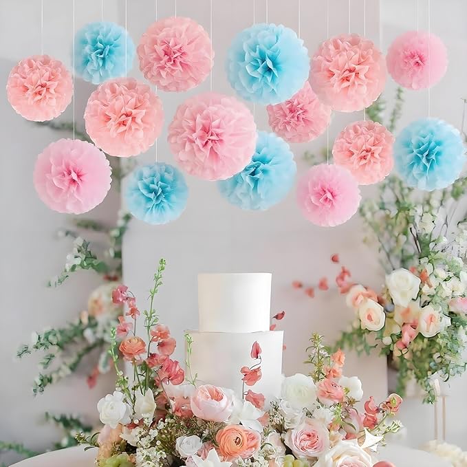 XIKSXITN 12 pc Pink & Blue Tissue Paper Pom Poms - Hanging Paper Flowers Ball for Party Decorative (8&10&12 inch)