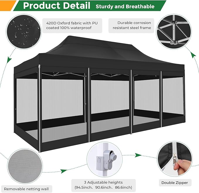 COBIZI 10x20 Heavy Duty Pop Up Canopy Tent with 6 Sidewalls, Easy Set Up Outdoor Waterproof Screen Commercial Party Tent with Mosquito Netting for Parties Backyard Patio, Roller Bag, Black