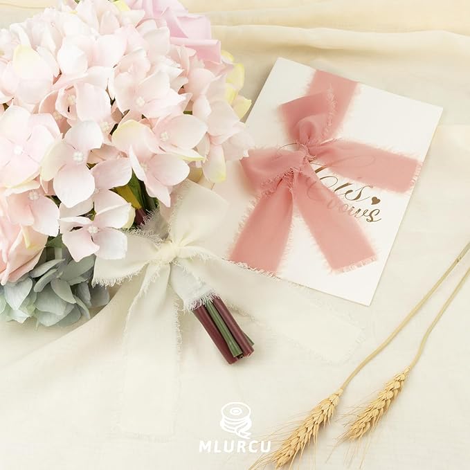 Terracotta Chiffon Ribbon 1.5 Inch x 21Yds Handmade Fringe Chiffon Silk Ribbon Dusty Pink/Cream Frayed Chiffon Ribbon for Thanksgiving Wedding Invitation Flower Bouquets Bridal Shower Gift Wrapping