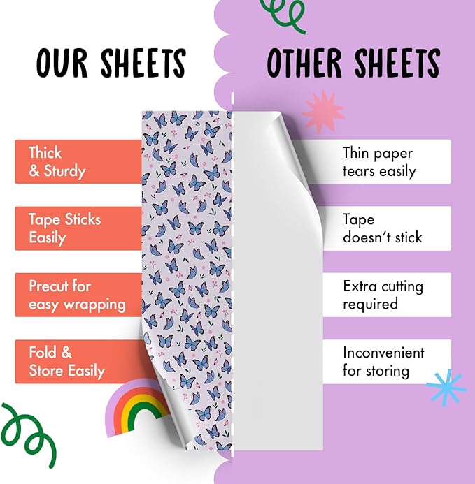Central 23-6 Wrapping Paper Sheets - Purple Butterflies - GiftWrap for Girls Women - Birthday Gift Wrap - Recyclable - Made in the UK