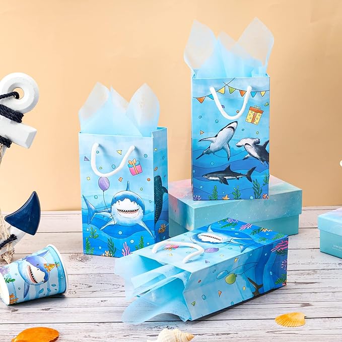 WERNNSAI 16Pcs Shark Party Favor Bags - Blue Shark Birthday Party Gift Bags for Kids Boys Under The Sea Birthday Decorations Shark Goodie Bags with Handle for Baby Shower Ocean Sea Party Supplies
