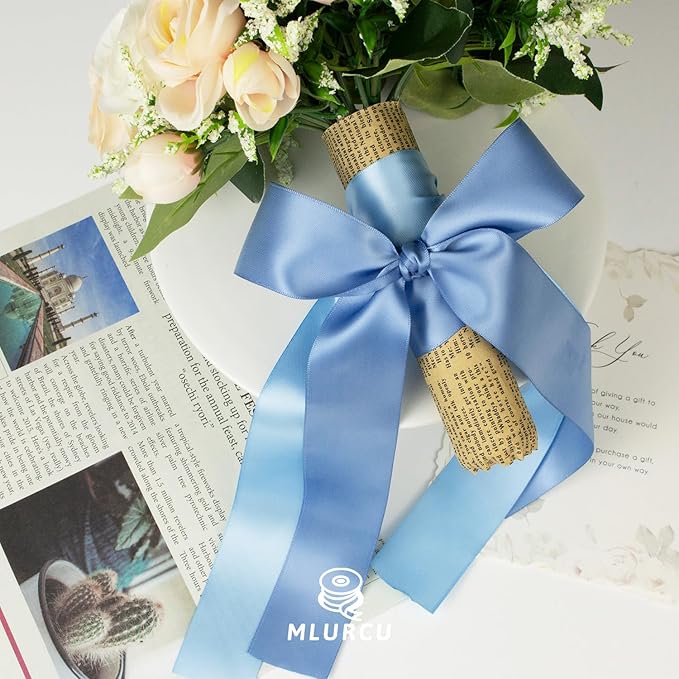 Blue Ribbon 1-1/2 Inch Assorted Royal/Navy/Light/Mist/Antique/Dusty Blue Double Faced Satin Ribbon Set for Gift Wrapping, Flower Bouquet, Wedding Invitation, Baby Shower Decor, Hair Bows & Crafts