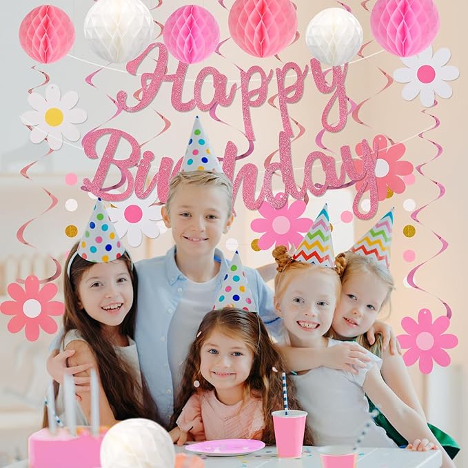 YEOCU Birthday Decorations, NO DIY, Pre-Strung Happy Birthday Banner with Honeycomb Balls, Hanging Swirls, Circle Dots Garland, Happy Birthday Party Decorations for Women Men Boys Girls (Pink)