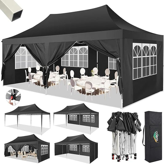 COBIZI 10x20 Pop Up Canopy with 6 Sidewalls,10x20 Canopy Tent Frame Upgraded with 3 Adjustable Heights,Waterproof UV50+ Outdoor Party Commercial Ez Up Gazebos with Carry Bag(10 x 20 ft Black)